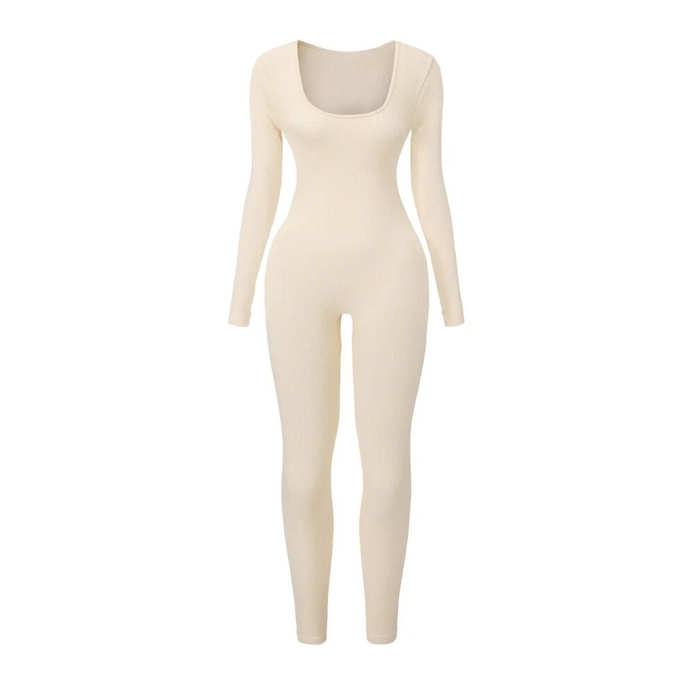 OQQ Size Small Ribbed Women Jumpsuit Beige One-Piece Slimming Long Sleeve NEW
